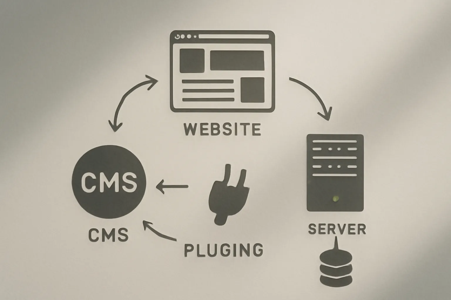 Схема сайта с иконками CMS, плагинов, сервера и базы данных, между которыми показаны стрелки обновлений.