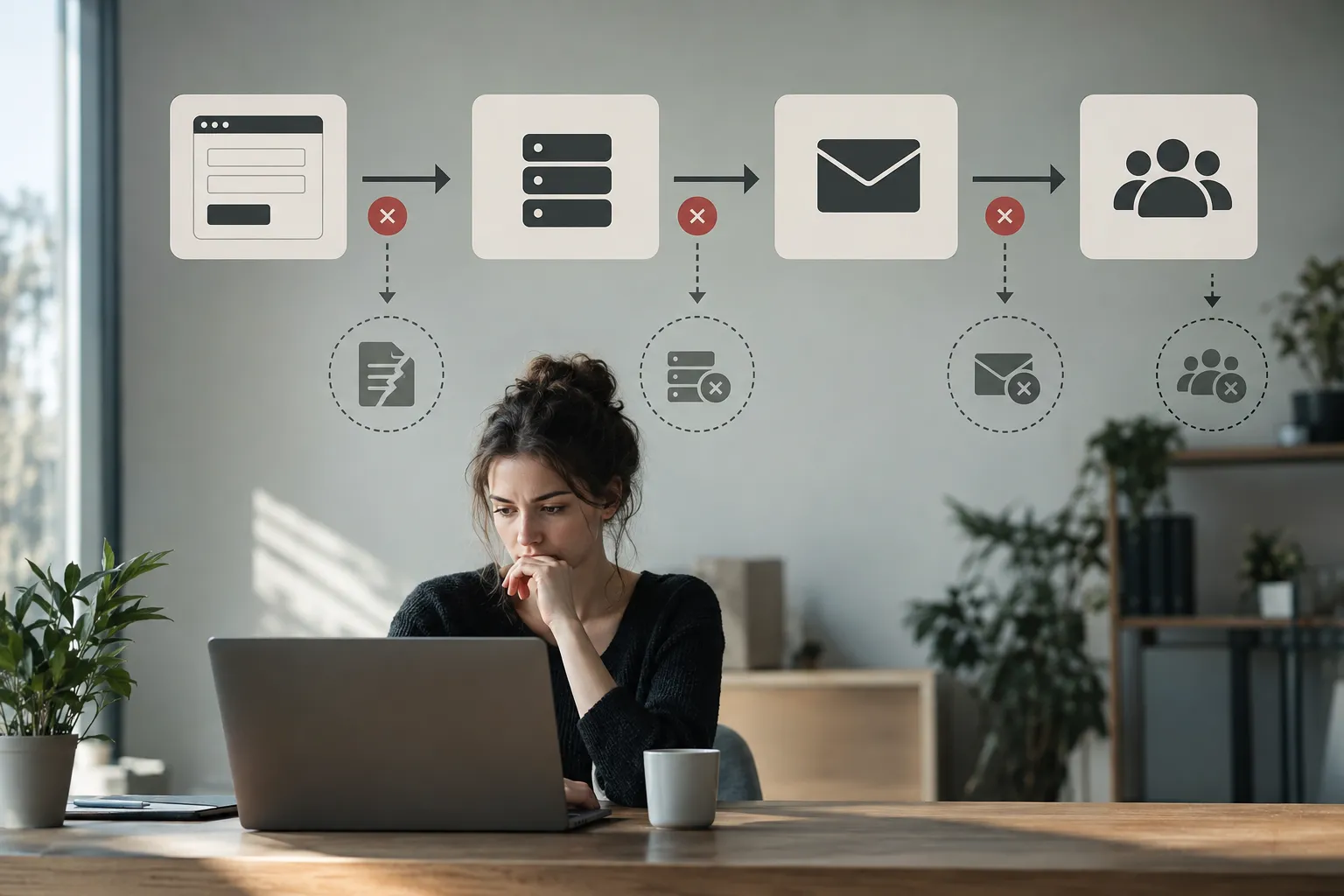 Схема пути заявки от формы на сайте к почте и CRM с отметками о возможных точках потери.