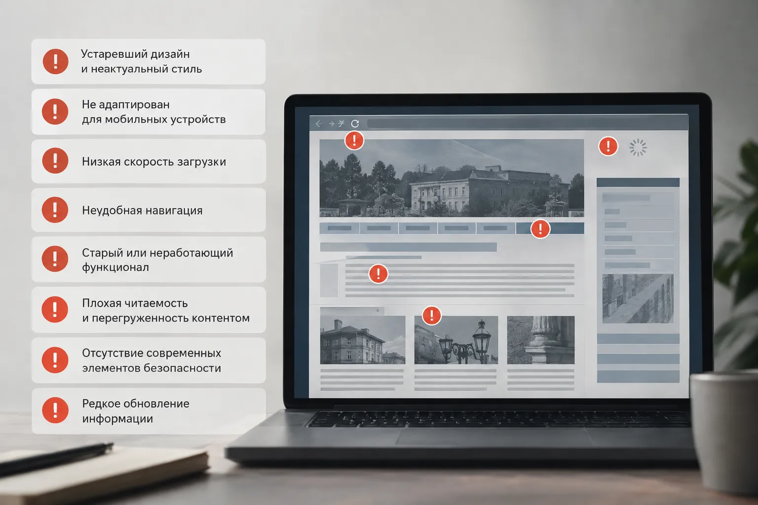 На третьей картинке изображён список признаков устаревшего сайта на фоне интерфейса с пометками проблем.